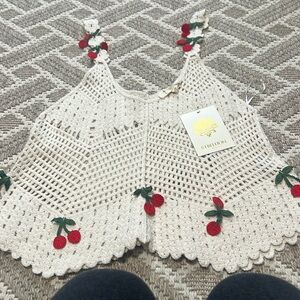 Rebellion Cherries Crochet Medium Cropped Sweater Tank Top